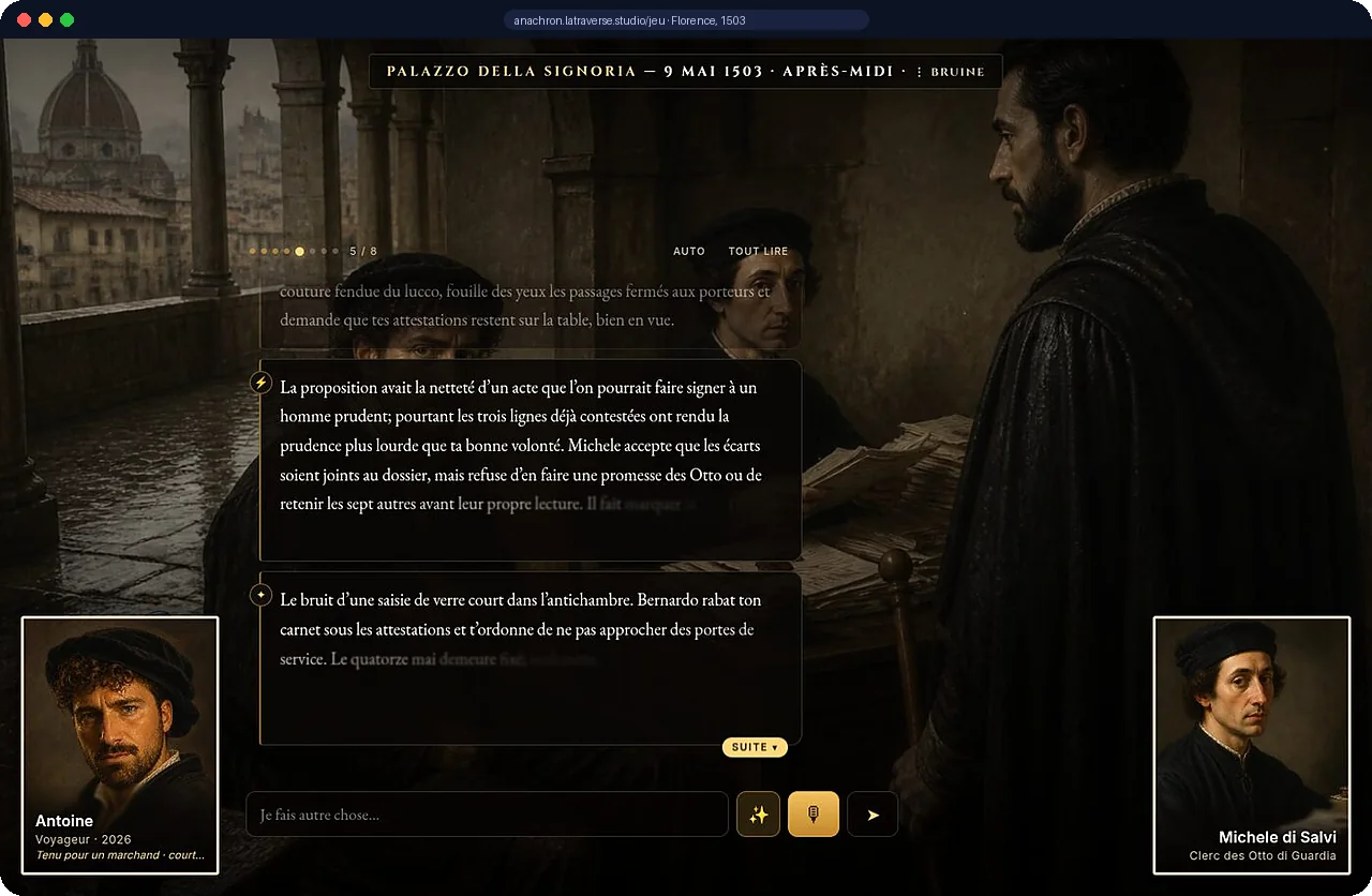 Capture du jeu Anachron : Antoine face à Michele di Salvi au Palazzo della Signoria