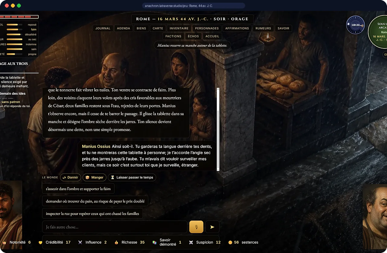 Capture du jeu Anachron : une scène à Rome, dialogue avec le cabaretier Manius Ossius